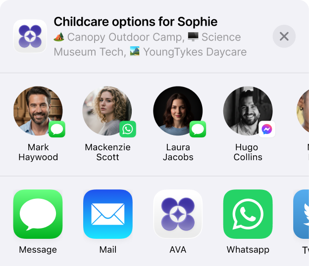 iOS share sheet showing childcare options for Sophie