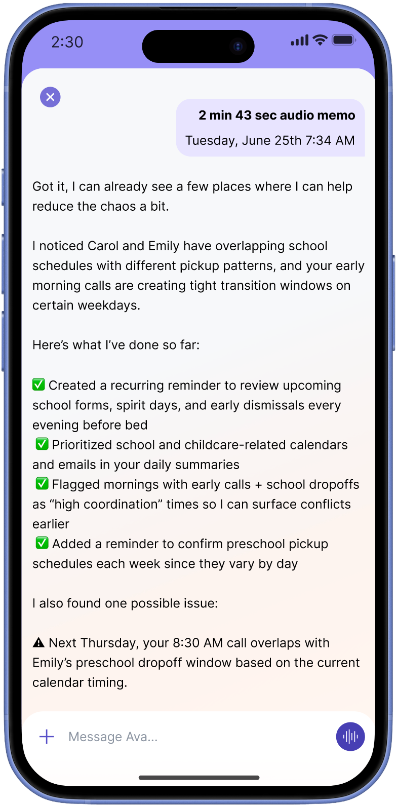 AVA family setup screen on phone