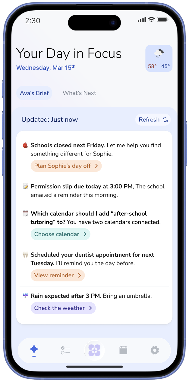 AVA dashboard on phone
