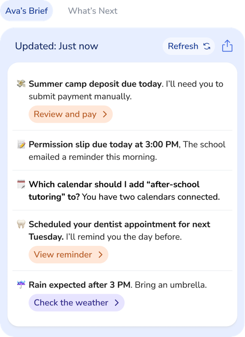 AVA's Brief showing proactive notifications, reminders, and suggested actions